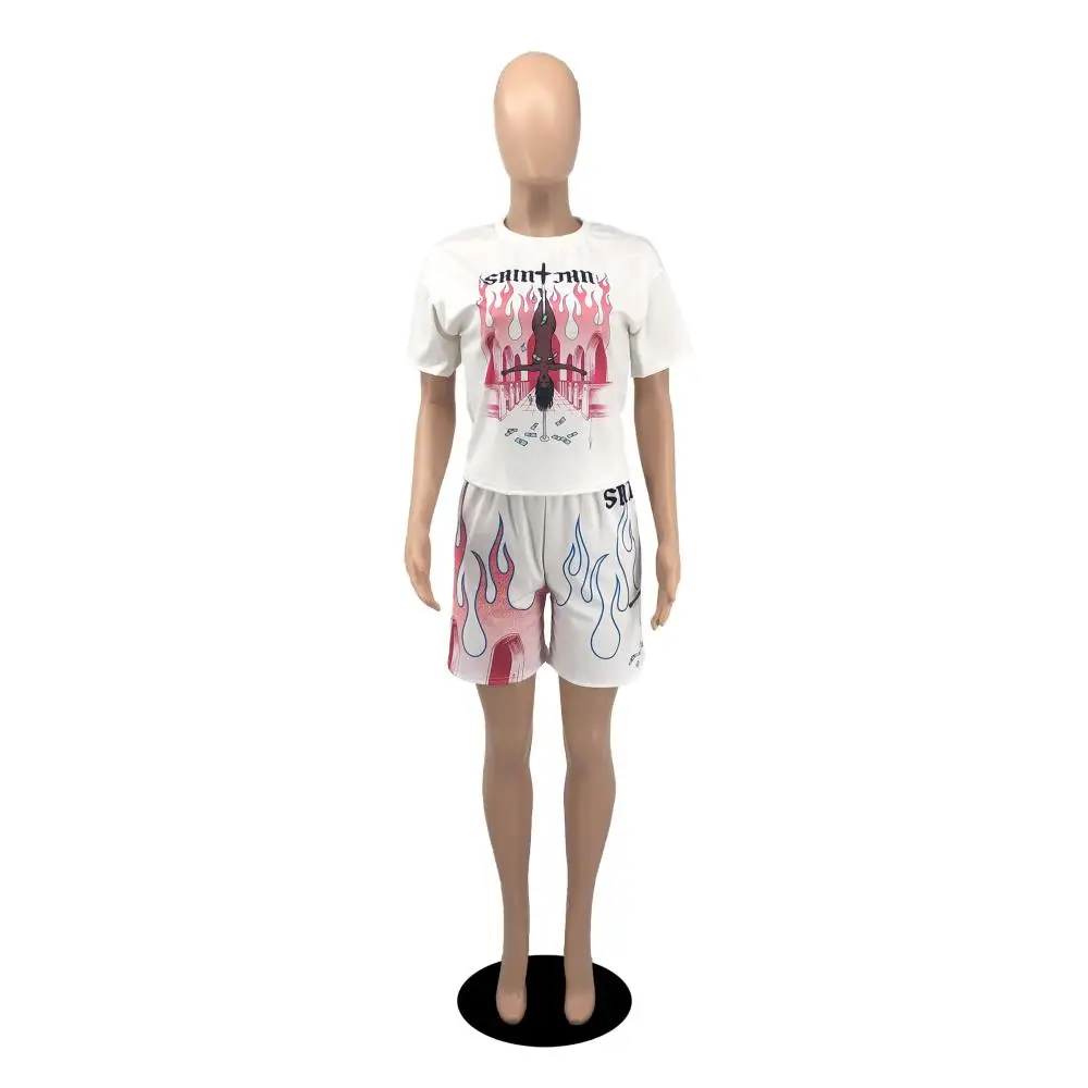 

Fashionable 2 Pieces Outfits Print Pattern Pullover Short Sleeve Straight Elastic Waist Loose Shorts Streetwear Suits for Women