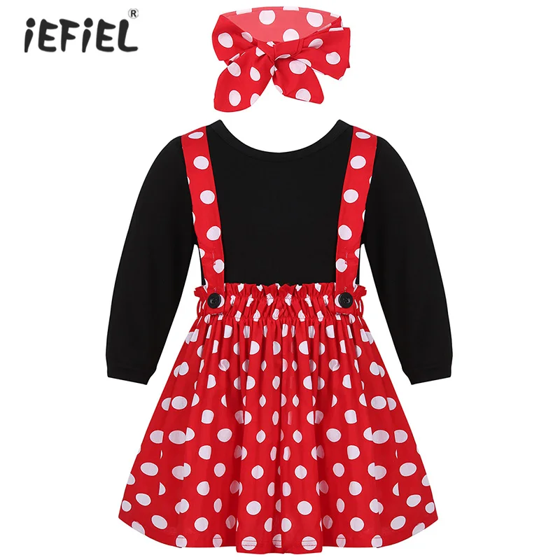 Детская черная футболка в горошек с короткими/длинными рукавами для девочек юбка