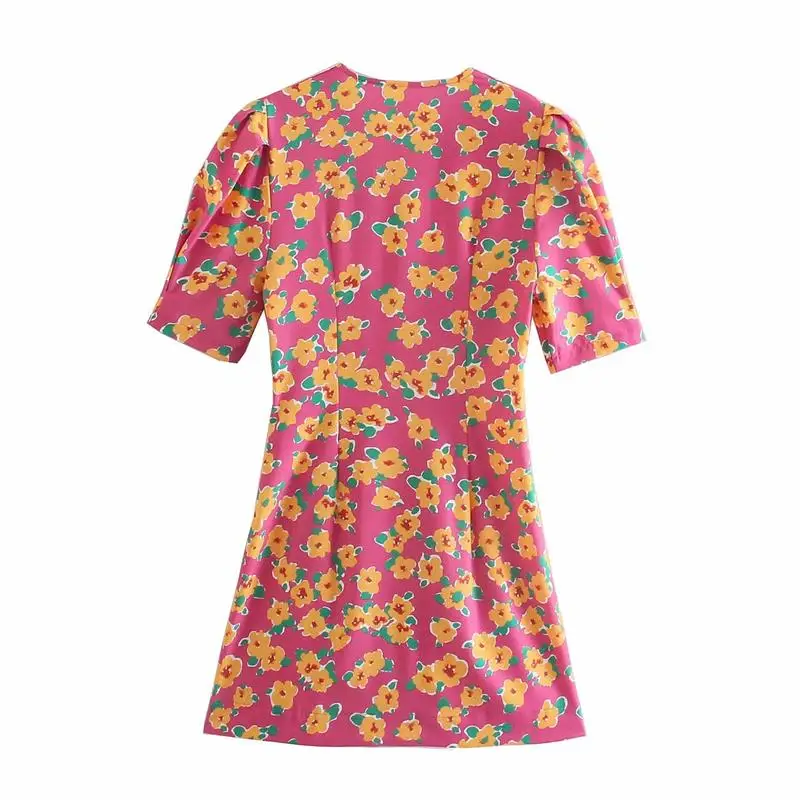 

2021 Summer Women Dress Floral Printed Sleeve A-Line Casual Party Vestido Elegant V-Neck Loose Mini Girls Outfits