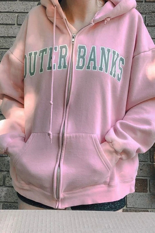 

Pink Vintage Letter Printed Zip Up Hoodie Oversized Coat Sweatshirt Women Teens Girls New Preppy Style Casual Loose Plus Size