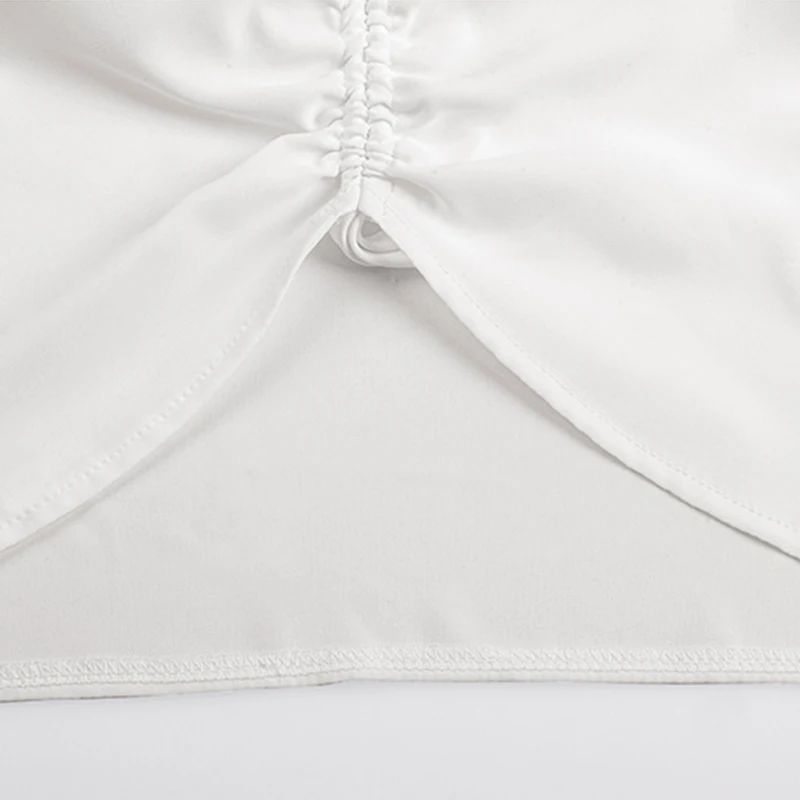 

2021 Women Casual V Neck Shirring Lace Up Ladies Solid Color Blouse Top New Summer Three Quarter Sleeve Chiffon Top