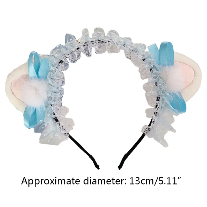

LXAE Sweet Polka Dot Lace Lolita Headband Plush Kitten Ears Pompom Bowknot Hair Hoop