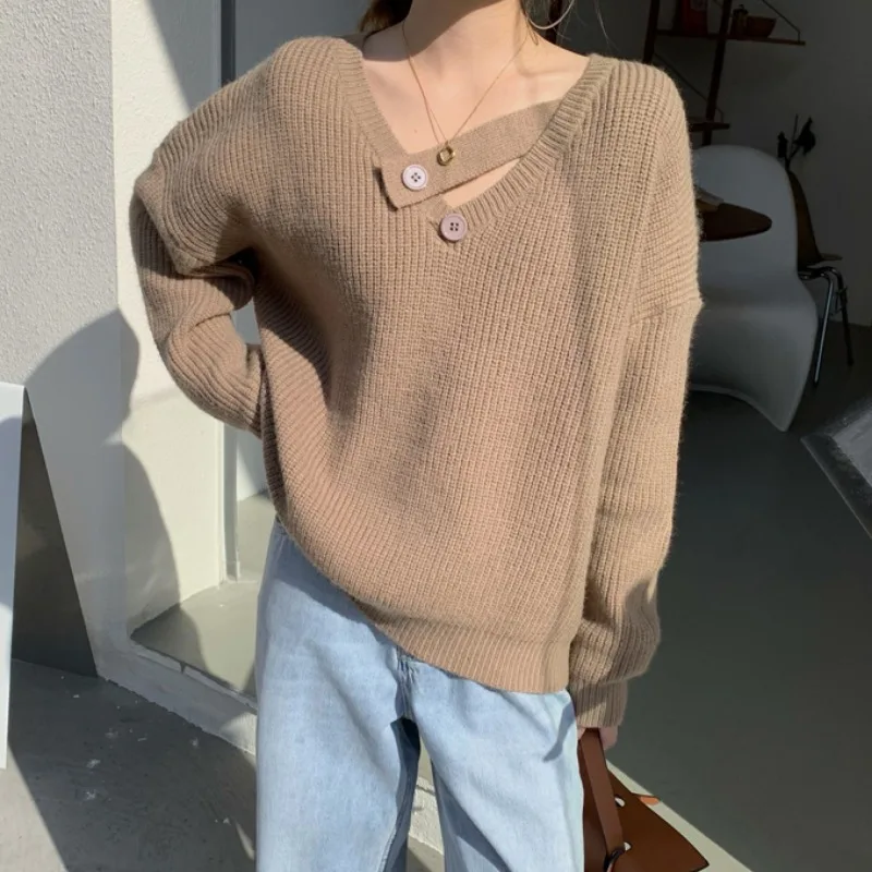 

Женский свитер с V-образным вырезом, длинным рукавом