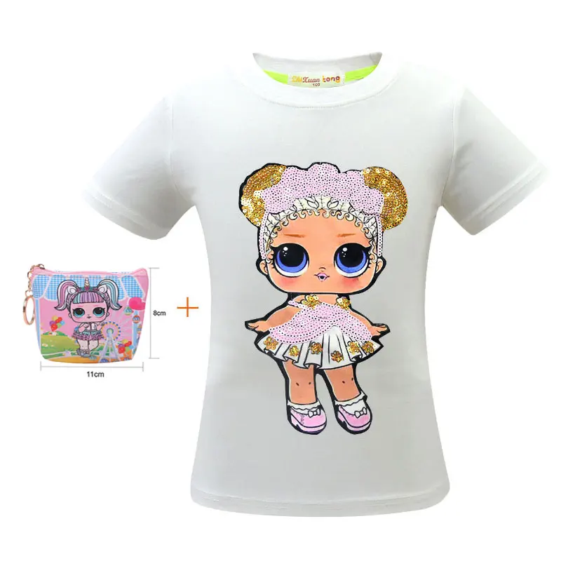 Новая футболка с короткими рукавами изображением куклы сюрприз и блестками для