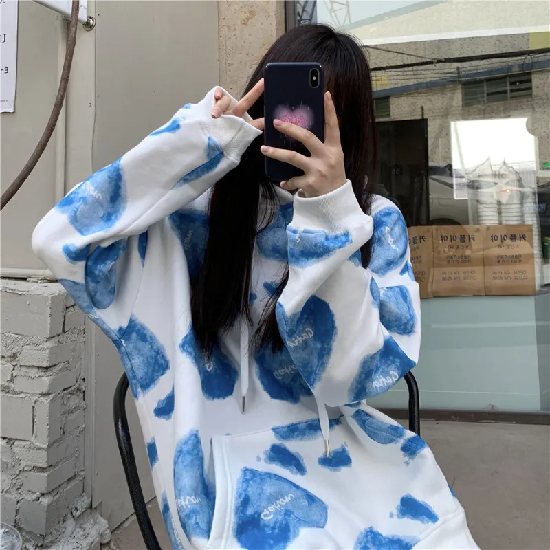 

New Tie-dye Sweater Women Ins Autumn Korean Style Loose Bf High Street Thin Coat Love Print Crewneck Sweatshirt Hoodies
