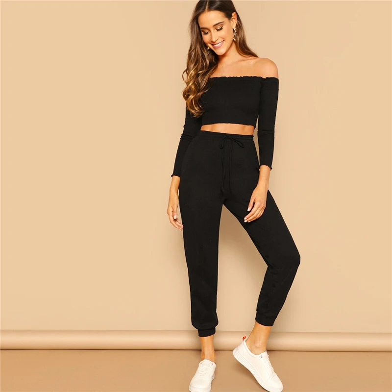 SHEIN Модный Топ С Открытыми Плечами И Спортивные Брюки Женский Спортивный Костюм