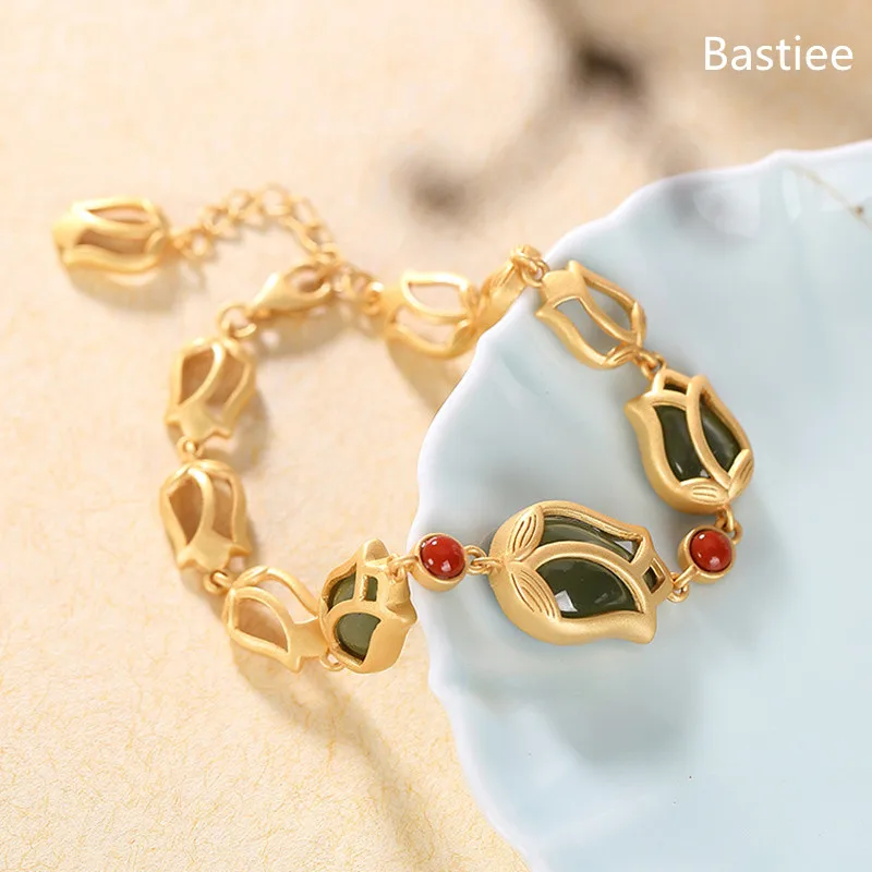 Bastiee Red Agate 925 Sterling Silver Rose Bracelet For Women Jade Bracelets Hmong Jewelry Luxury Golden Plated Natural Stone