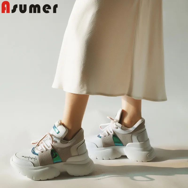 ASUMER/Новинка года; обувь из сетки и коровьей кожи; повседневная обувь на плоской платформе; Женская удобная обувь на плоской подошве; женские кроссовки