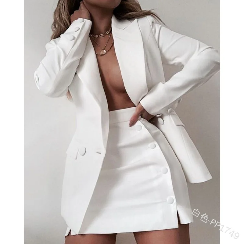 

2021 Solid Color Suit Blazer Small Suit Jacket Short Skirt Two Piece Set Ladies Retro Jacket Suit Chic Top Casual Mini Skirt