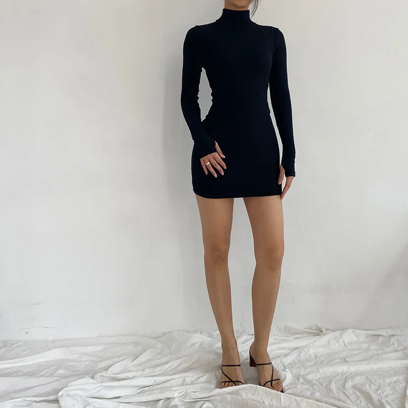 

Fashion Sexy Solid Turtleneck Skinny Mini Dress Women Rib Knit Keep Warm Long Sleeve Slim Dress Streetwear