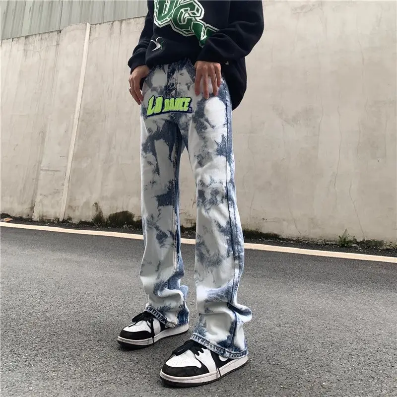 Men's and Women's Jeans Snowflake Washed Embroidered Denim Hip Hop Streetwear Loose Straight Tube Wide Leg Pants Unisex Trousers