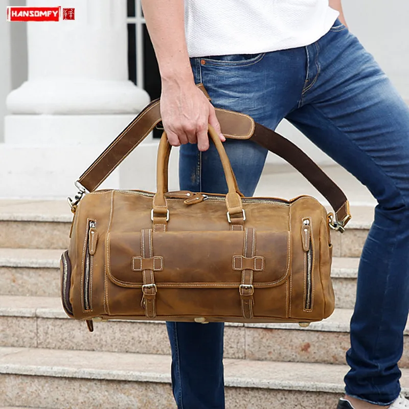 Мужская Дорожная сумка винтажная деловая Мягкая через плечо из кожи Crazy Horse в