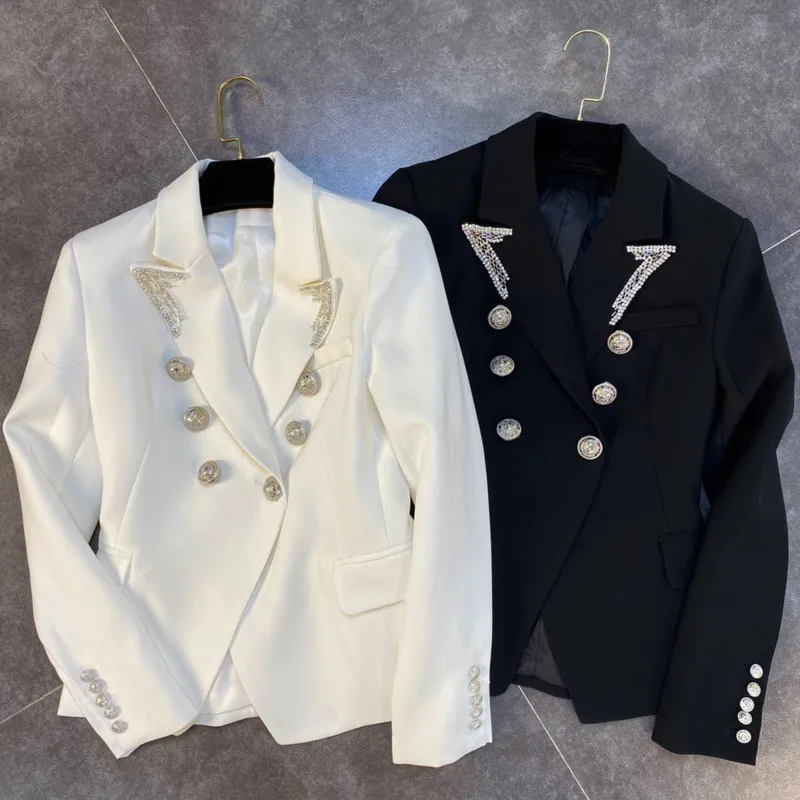 

Роскошный классический Женский блейзер с длинным рукавом, белый, черный винтажный двубортный приталенный костюм, пиджак, деловой женский п...