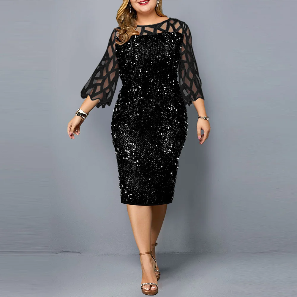 

Casual Pencil Skirt 2021 Fashion Summer New Personality Plus Size Women's Long-sleeved Round Neck Hollow Sequin Design Dress
