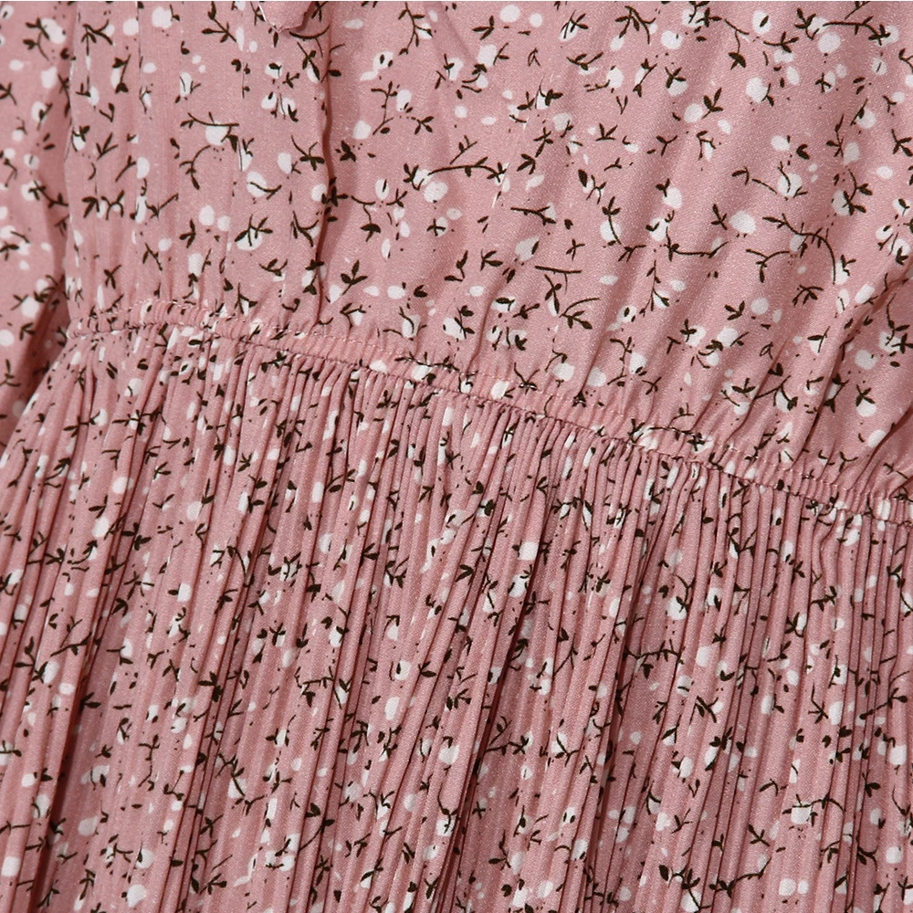 

EVERAFTER Bohimian style women spring summer midi dress women high waist floral print female ruffle bow elegant holiday dress