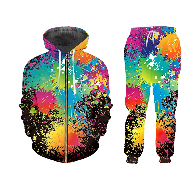 

CJLM Men/woman set two pieces fashion Colorful splash ink Clothing sports suit husband Harajuku casual style tracksuit winter