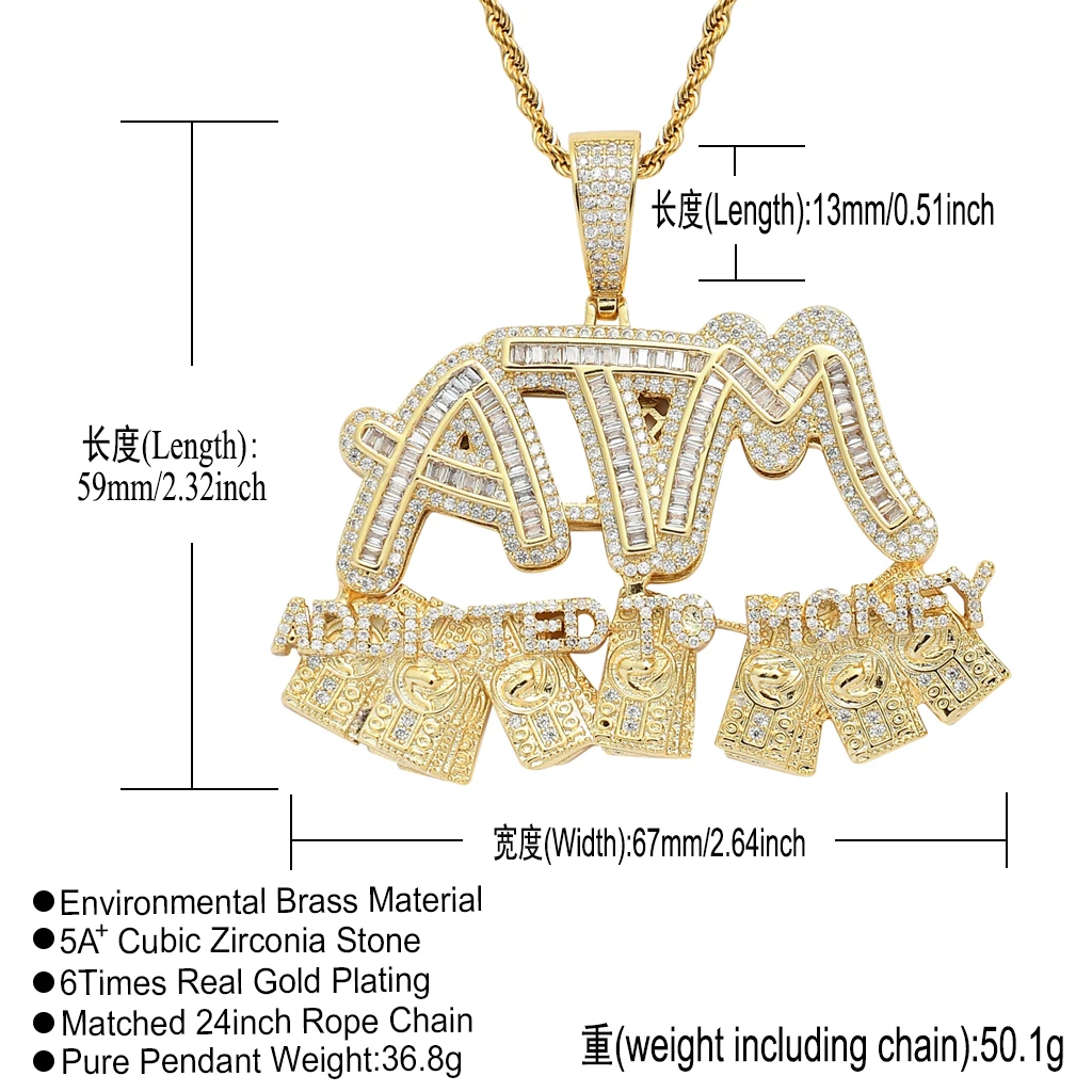 

Fashion Hip Hop Jewelry Iced Out CZ Letter Pendant Necklace Gold Micro Paved Cubic Zircon ATM Addicted To Money Pendant Gift