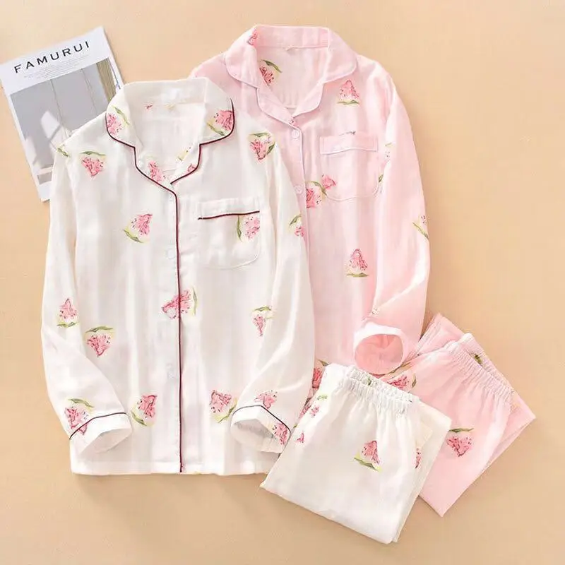 Женская Хлопковая пижама пижамный комплект с длинным рукавом одежда для сна