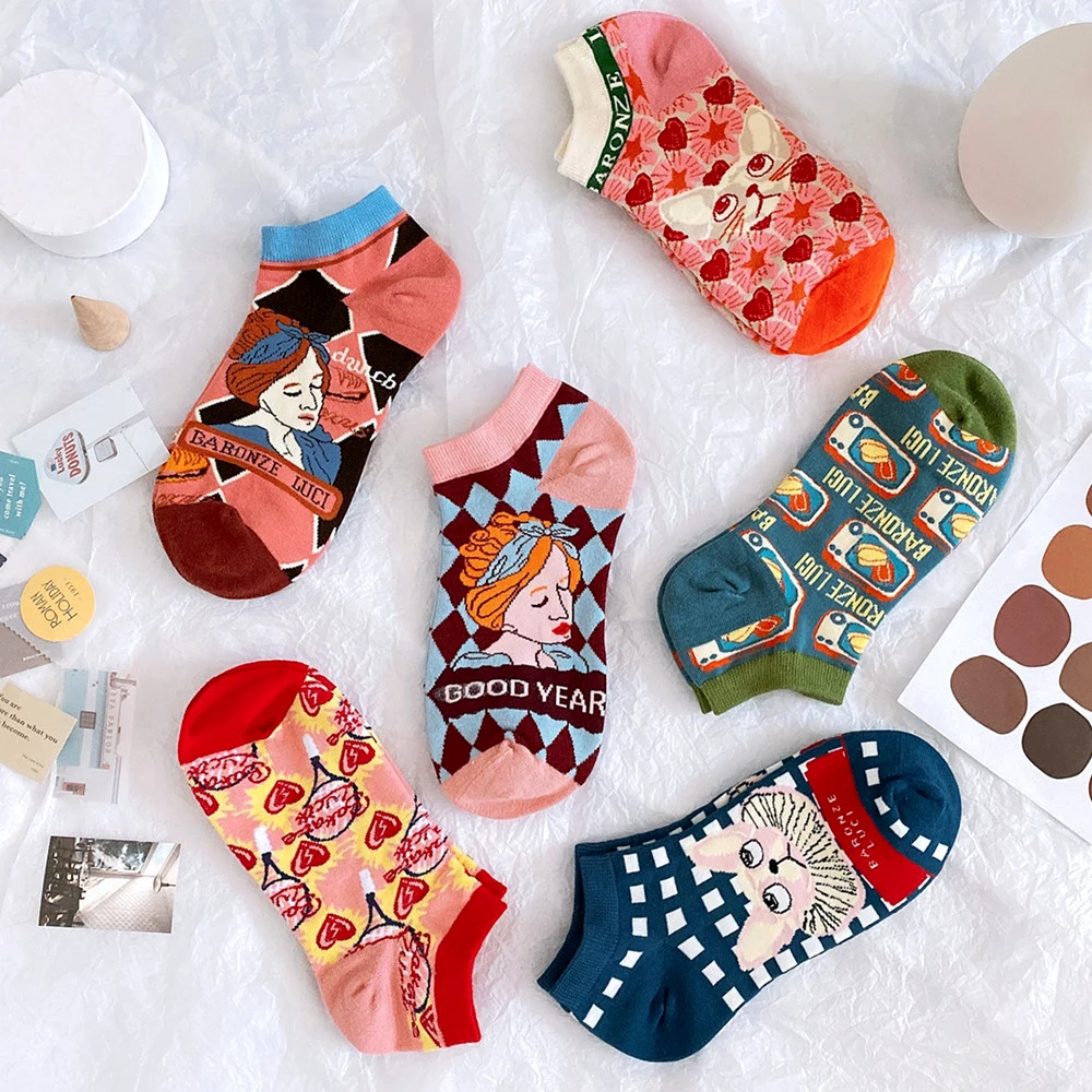 

Cotton Lolita Cute Personality Cat Art Invisible Summer Boat Funny Happy No Show Socks Women Men Short Low Slippers Short Socks