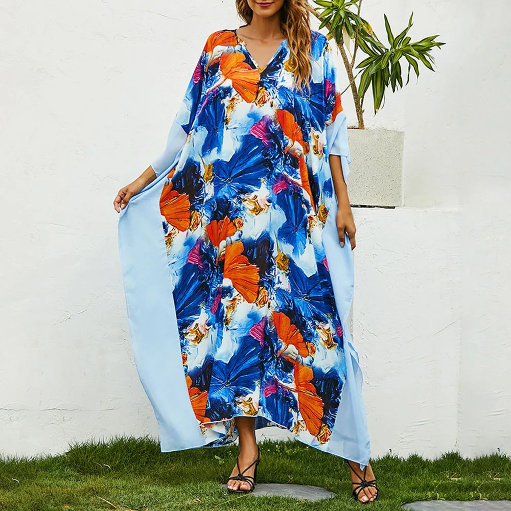 

Bohemian Loose Casual Sandy Beach Vacation 2021 Summer Women's Dress Temperament Oversize Printing V-neck Bat Sleeve