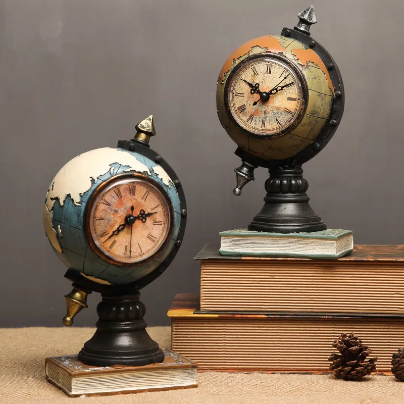 

Home Decoration Vintage Resin Globe with Clock Ornaments Clock Crafts Home Window Cafe Desktop Globe with Clocks Decoration