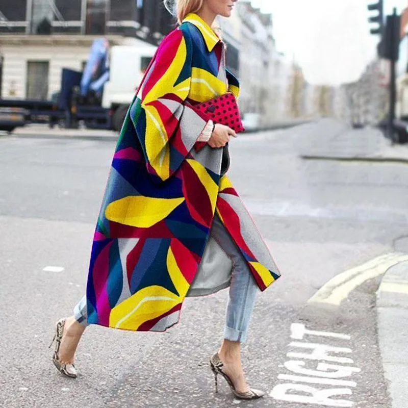 Осенне зимнее пальто для женщин модное с геометрическим принтом цветное женское