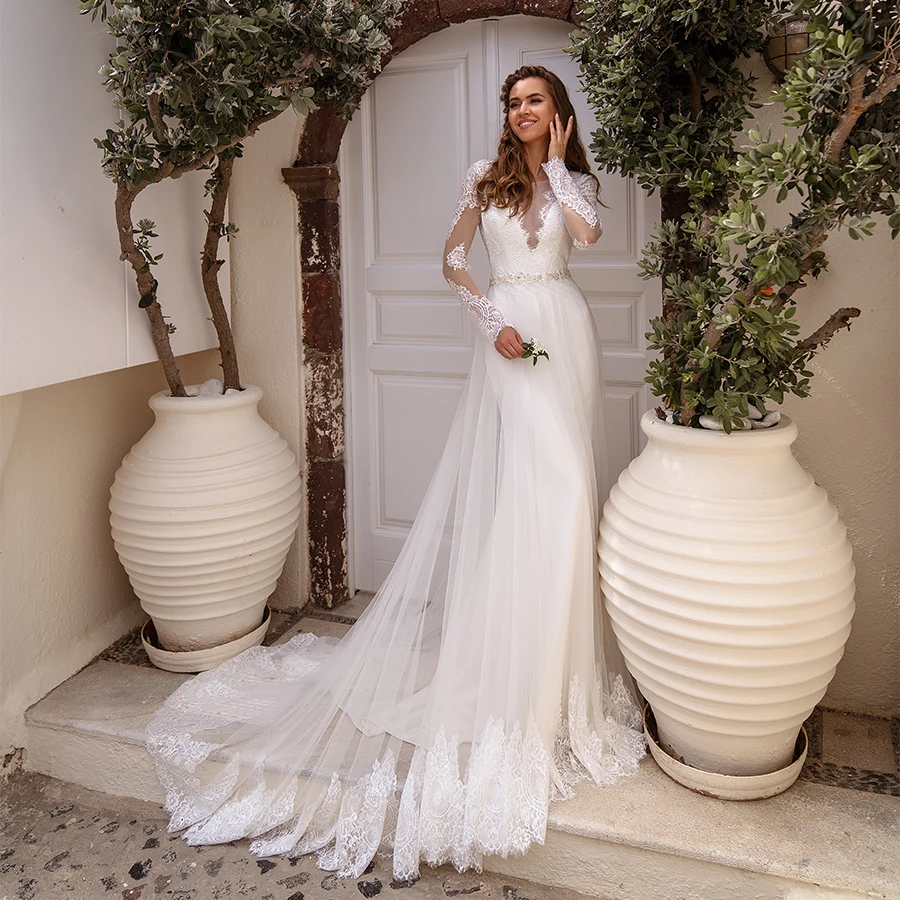 Классическое Свадебное платье 2020 съемная фатиновая юбка элегантное кружевное