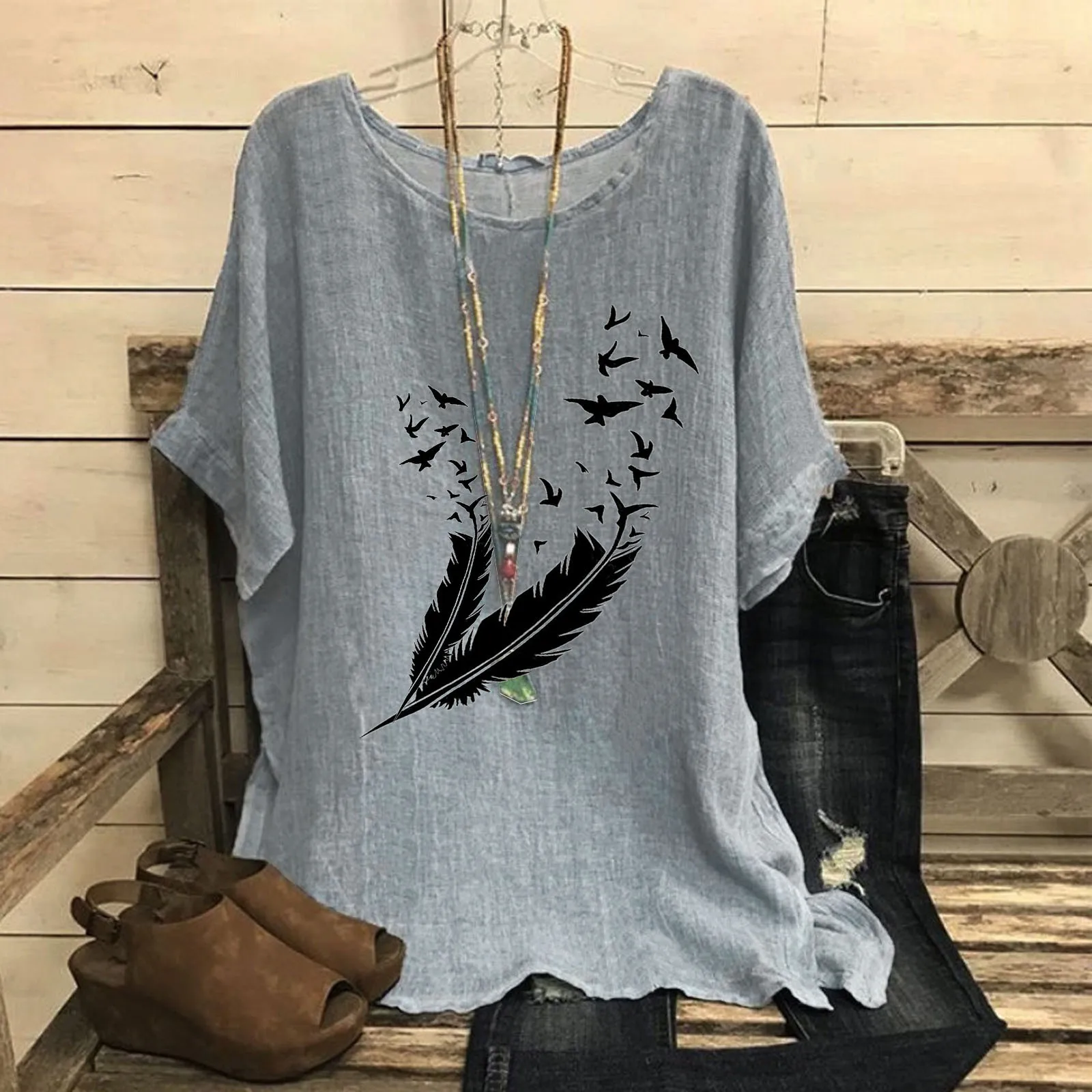 

2021 Woman Vintage Cotton and linen O-Neck Short Sleeve Sun and butterfly print Color Tops T-shirts Loose