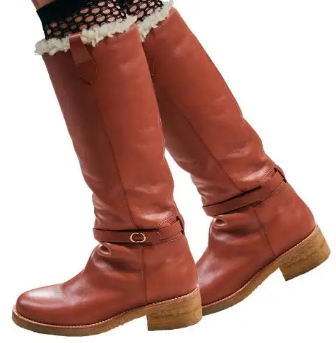 

Winter Warming Lady Brown Black Leather Belt Buckle Knee High Snow Boots Woman Round Toe Square Med Heels Fur Long Knight Botas