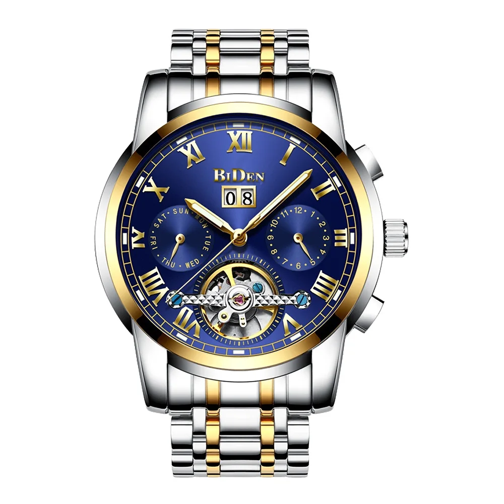 Gold Blue Мужские автоматические механические часы с турбийоном, роскошные модные спортивные часы из нержавеющей стали, мужские часы, мужские часы - Цвет: Gold Blue