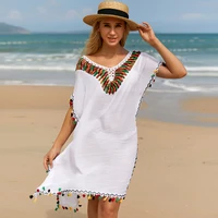 beach dresses and tunics 2021 summer sexy white short sleeve loose crochet knitted beachwear cover ups for swimwear women
