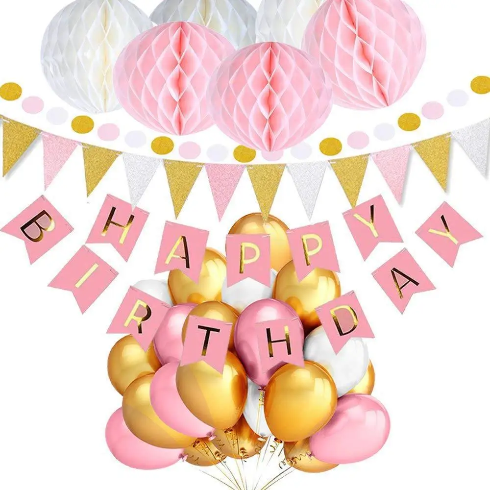 

Pink Happy Birthday Party Decoration Set Paper Honeycomb Ball Banner Latex Balloon