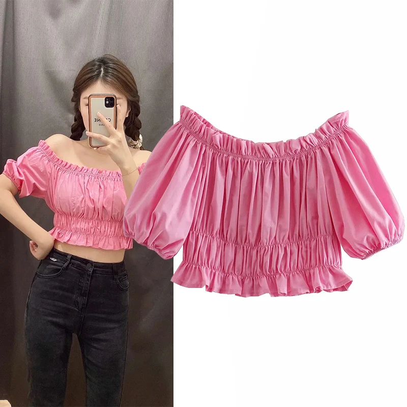

WESAY JESI 2021 Summer New Women's Tops Solid Color Strapless Sleeve Elastic Short Shirt Casual Retro Fashion Temperament Top