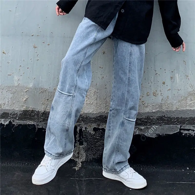 ICCLEK 2021 New Pants Men's Jeans Autumn Jeans Loose Straight Wide-leg Pants Cargo Jeans  Mens Street Wear  Blue Jeans