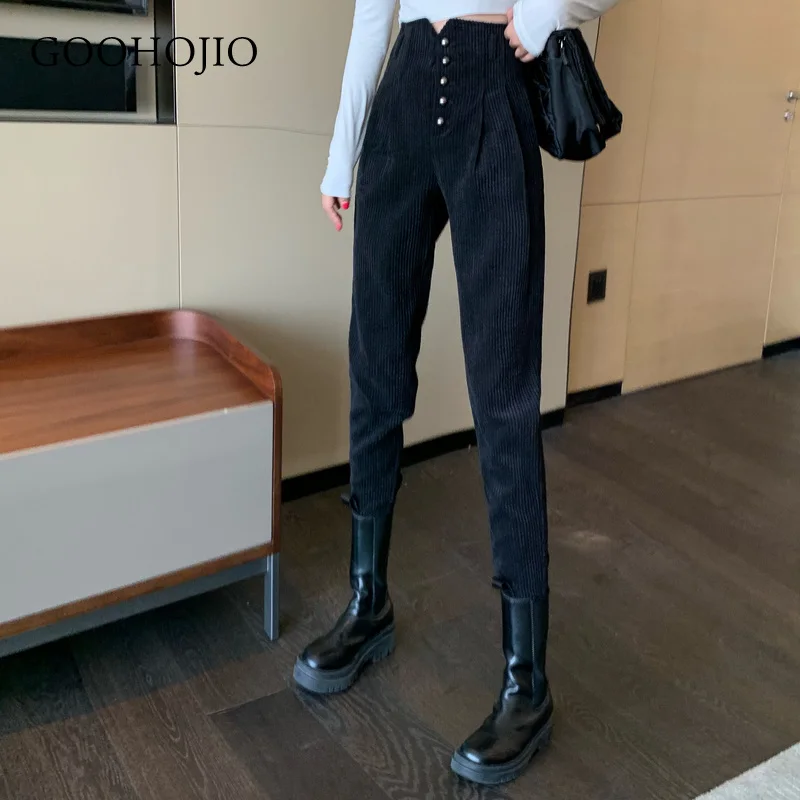 

GOOHOJIO 2021 New Autumn and Winter Thicken Corduroy Women Pants High Waist Trousers for Women All-match Buttons Pants Women