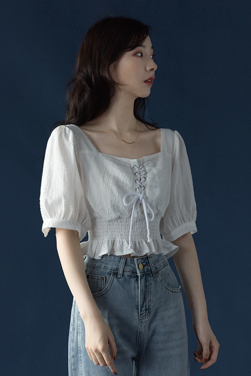 

Women's Blouses and Shirts short white shirt summer French square collar design bubble-bubble sleeve bm high waist