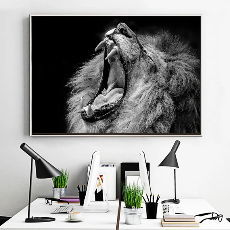 Черно-белые картины на холсте с дикими животными Африки: рыкающий лев, постеры, печати, картины на стену для украшения дома в гостиной.