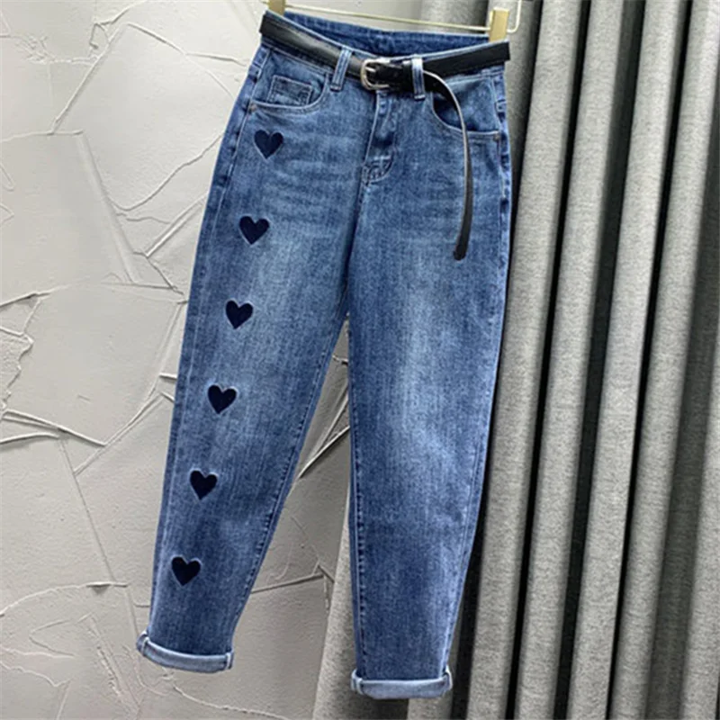 

SHZQ New Women Denim Harem Pants Loose Casual Korean Mom Jean Boyfriend Jeans for Women Mid Waist Plus Size