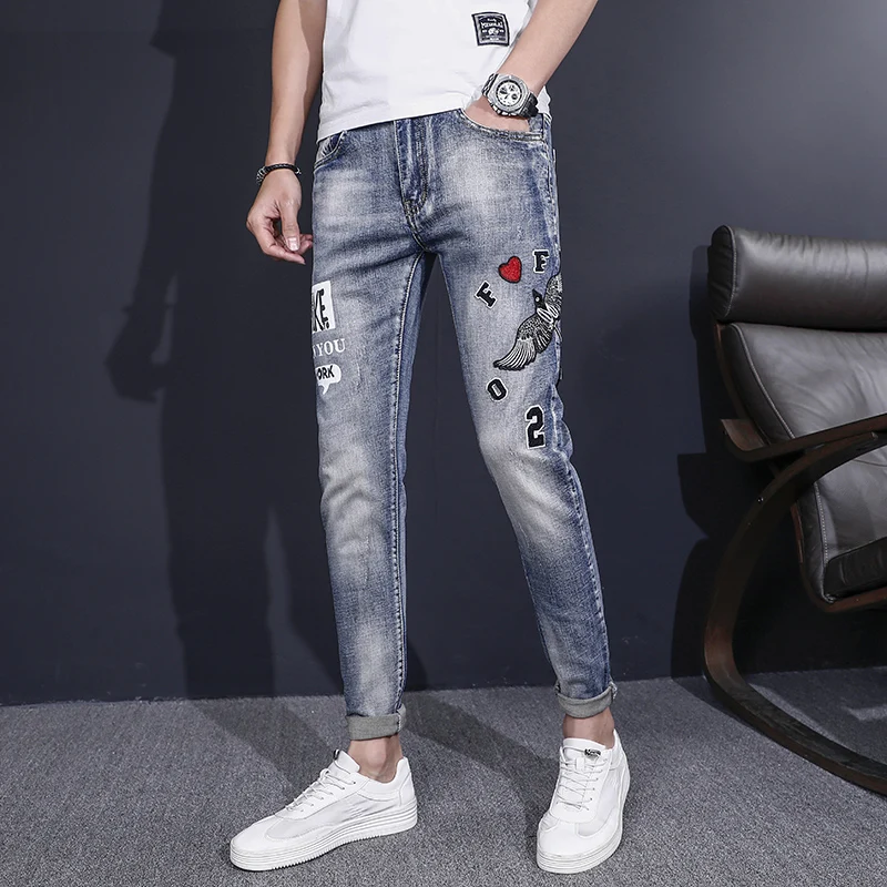 Весенние и осенние мужские джинсы с принтом в европейском американском стиле