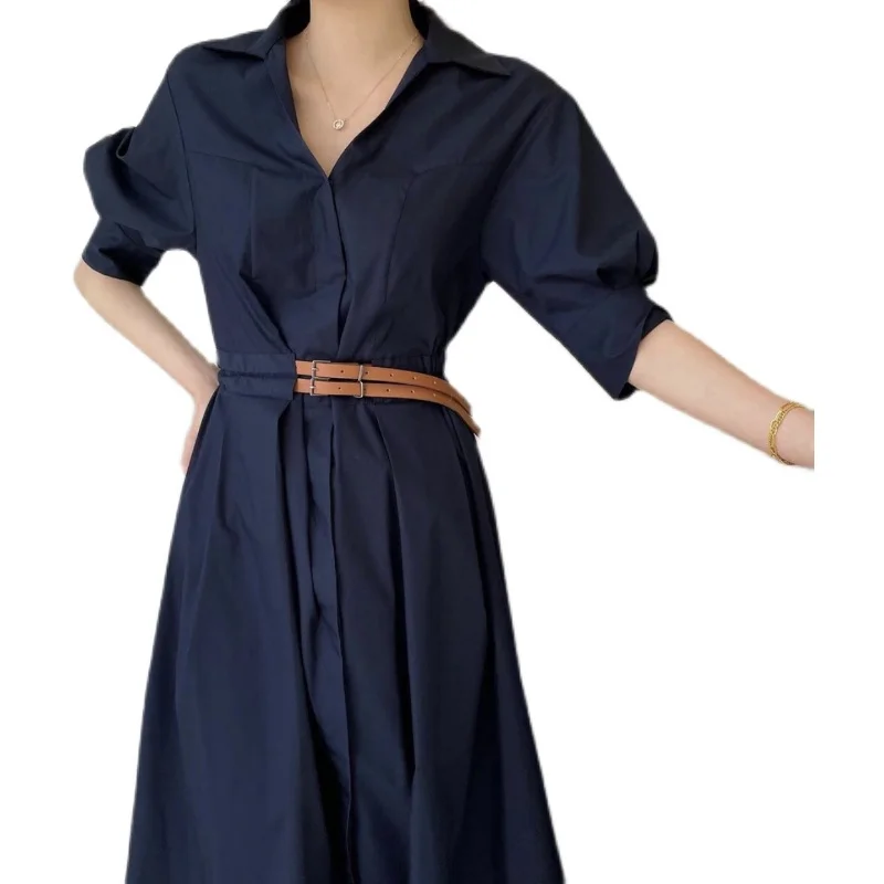 

2021 Summer Chic Puff Sleeve Dark Blue Women's Long Dress Elegant Office A-line Shirt Dresses Vintage Maxi Dress Female