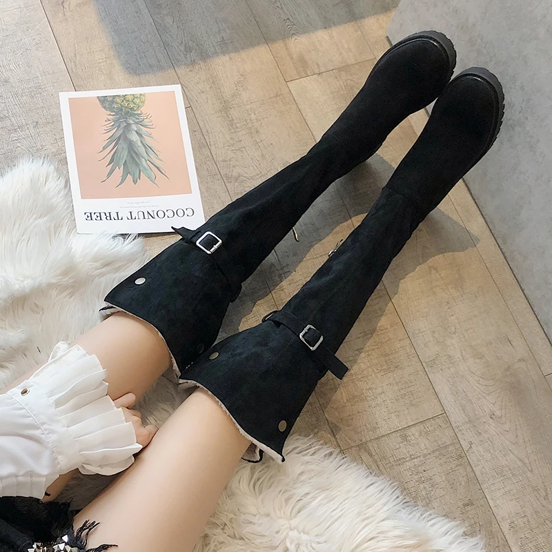 Rimocy/женские Сапоги выше колена с пряжкой теплая плюшевая зимняя обувь на