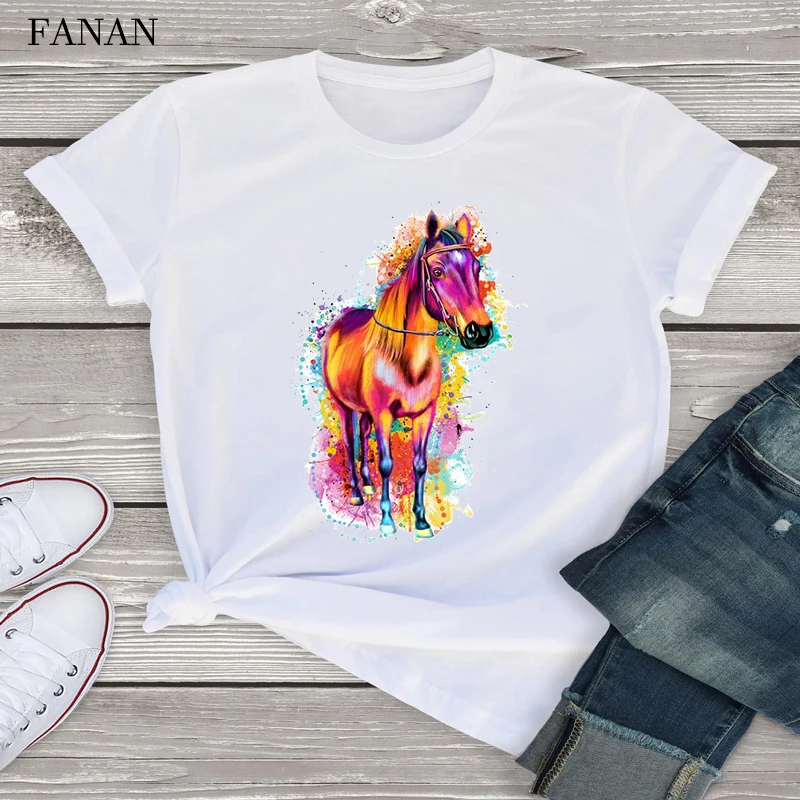 

New Graphic tees tops Watercolor Horse tshirts women funny t shirt white Tops casual short sleeve vogue tshirt Camisetas Mujer