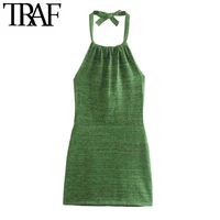 traf women sexy fashion backless knitted mini dress vintage halter collar with bow tied summer female dresses vestidos
