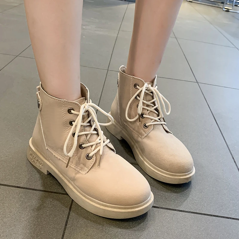

British Style Student BF Female All-match Vintage Boots Women Flock Ankle Martin Boot Spring Flat Lace Up Womens Leisure Trendy