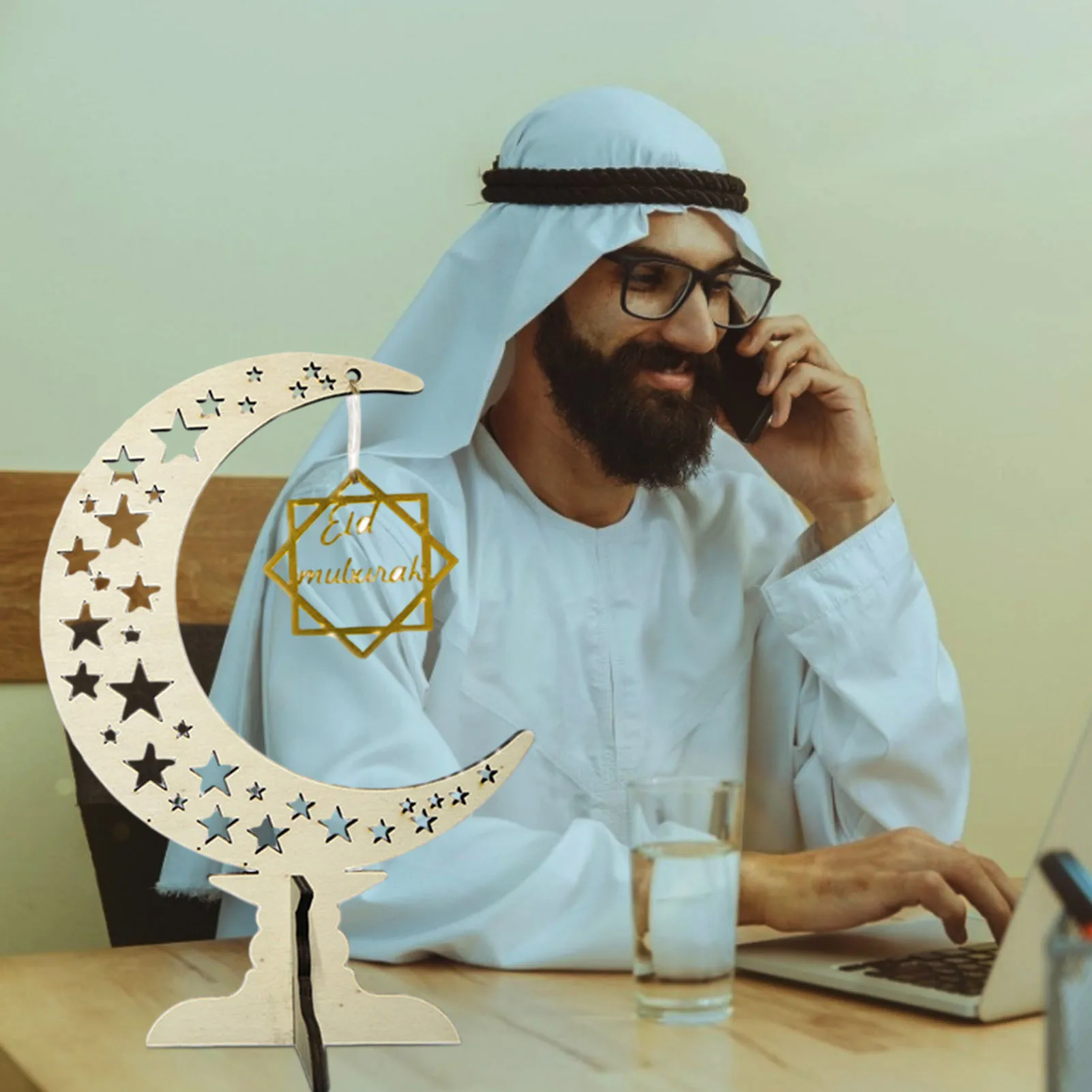 

Wooden Eid Mubarak DIY Decoration Eid Mubarak Wooden Moon Ornament Arabian Decorative Gifts Table Ornament Home Decoration