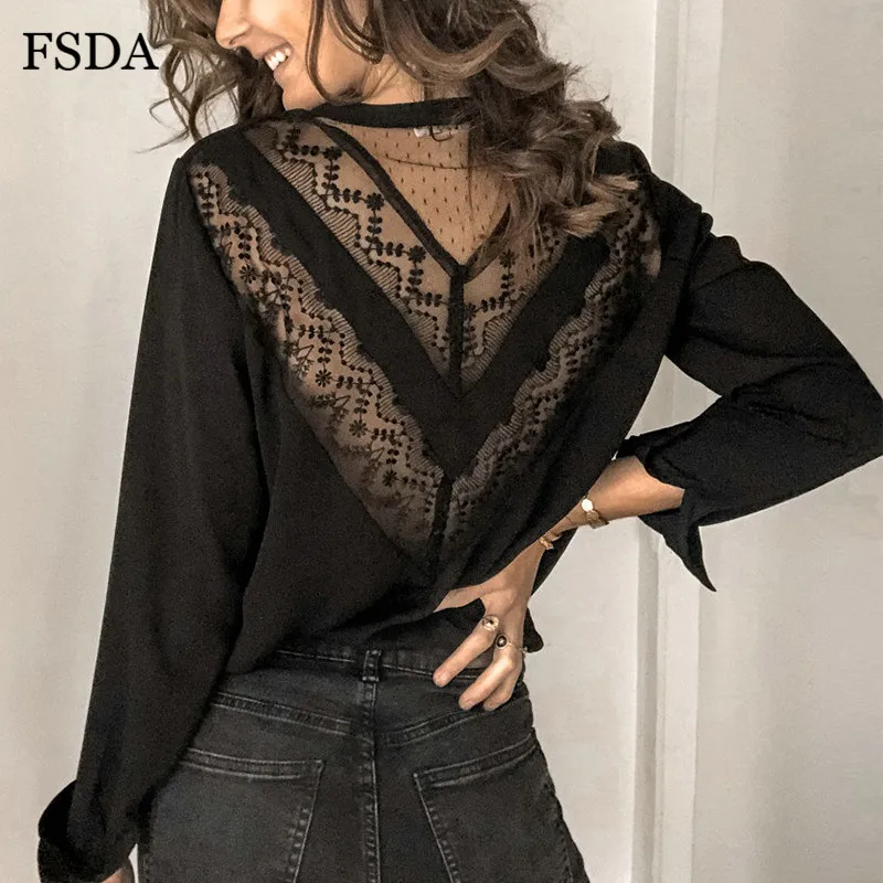 Женская кружевная блузка с открытой спиной и V образным вырезом|Блузки| |