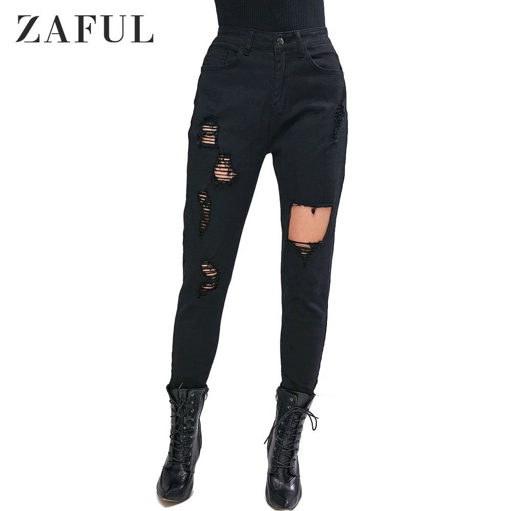 Женские рваные джинсы на молнии ZAFUL повседневные средней посадки с пятью