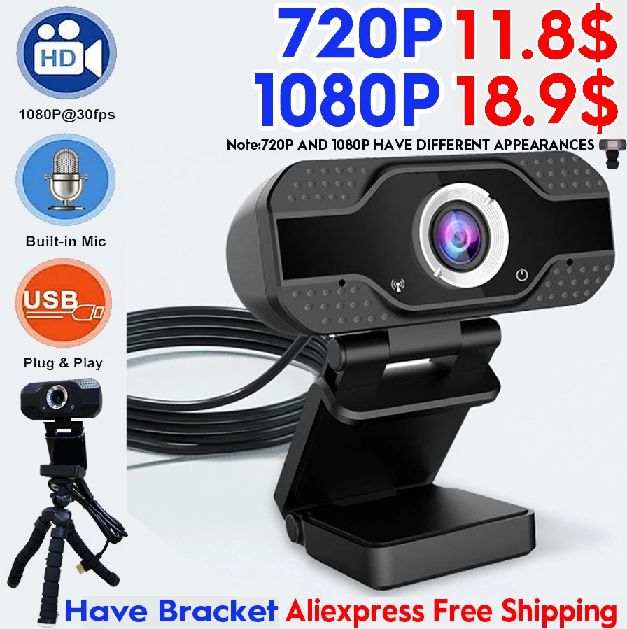 HD USB Webcam 1920*1080p Plug and Play DriveFree Built-in mic PC Live Broadcast Conference COVID Meeting Class work Have Bracket