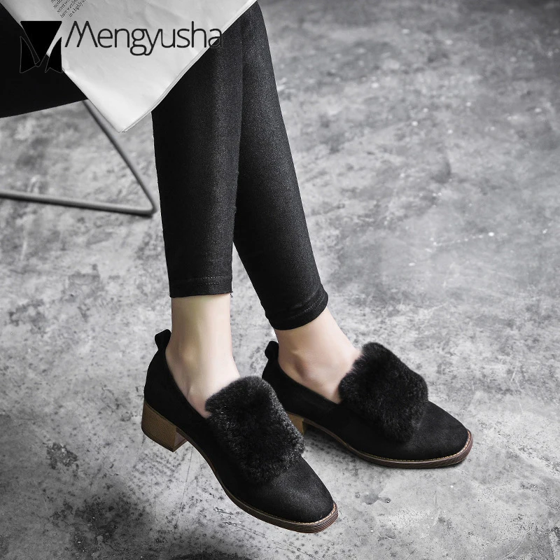 Зимние Туфли-оксфорды с кроличьим мехом женские туфли на плоской подошве Меховые