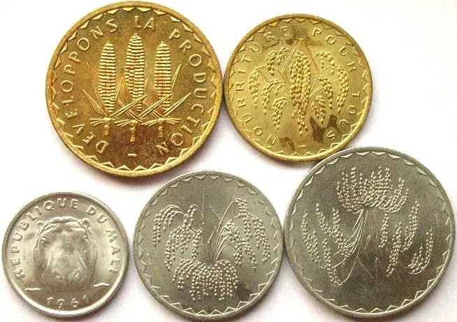 5 шт. оригинальные монеты Mali coin 100% не работают в течение 1975 1977 лет|Безвалютные